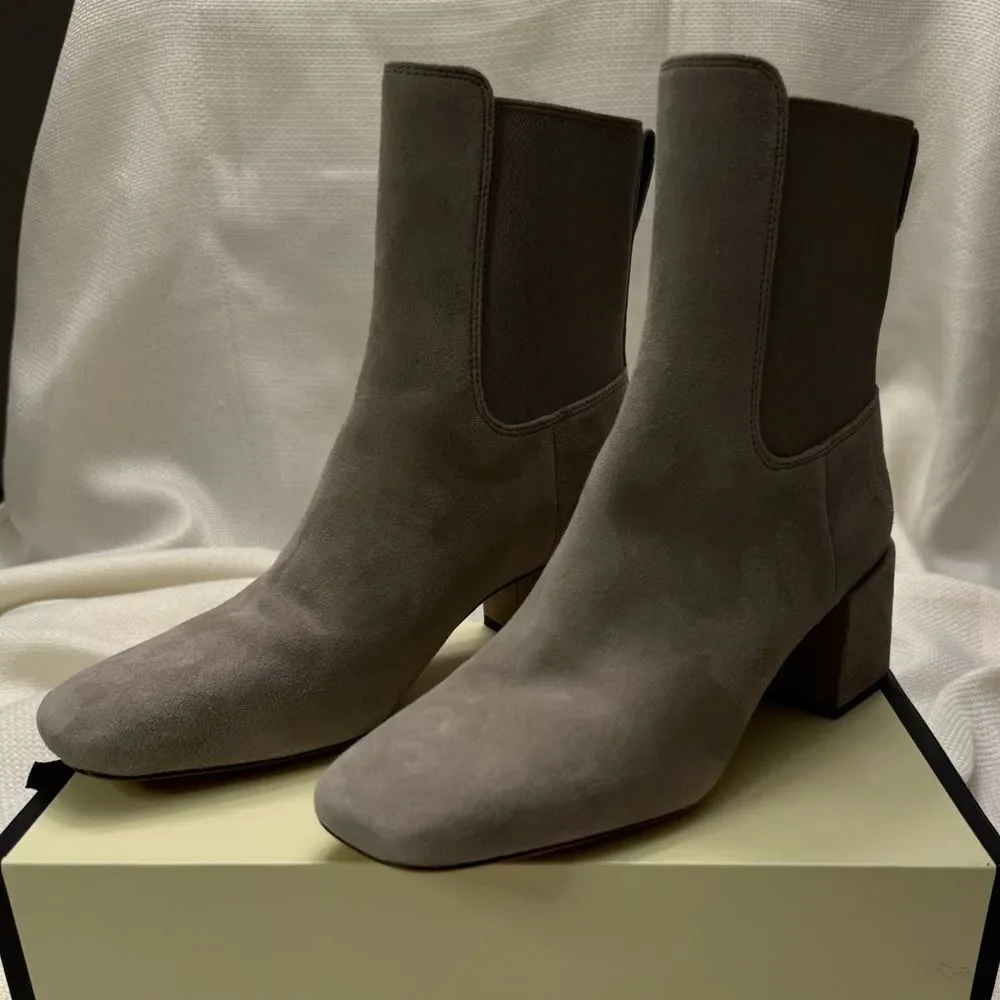 NWOT Vince. Grey suede square toe low block heel Chelsea boots size 7.5 or 38